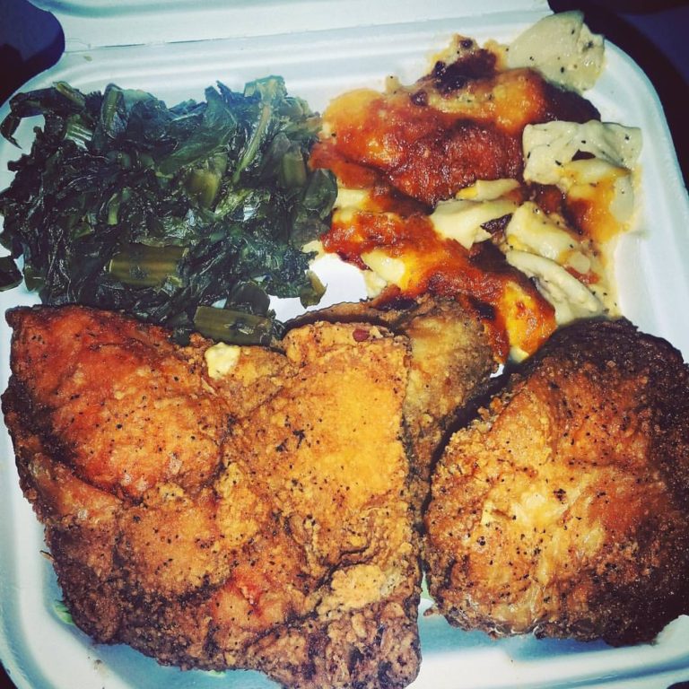 Smokey Fried Chicken Greens and Macaroni and Cheese from Stevies on Pico Los Angeles 768x768